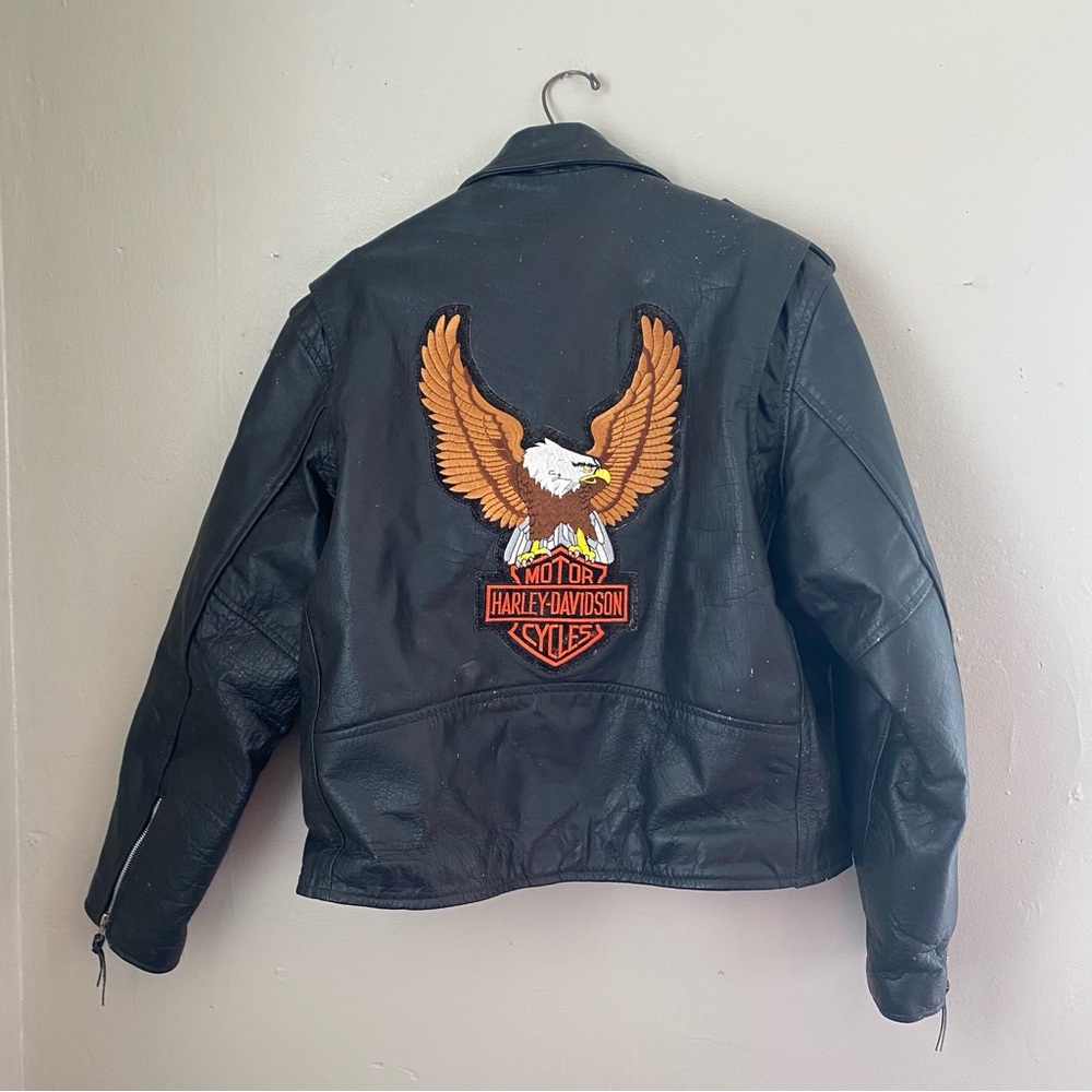 Vtg. Harley Davidson 80s Black Leather Eagle Logo Biker Jacket Size 50